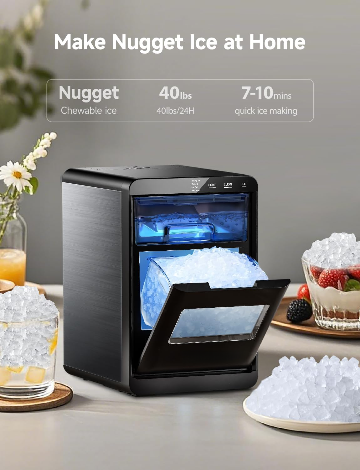 40Lbs Nugget Ice Maker Countertop, Self-Cleaning Pebble Ice Machine with Ice Scoop & Basket for Home, Kitchen & Office