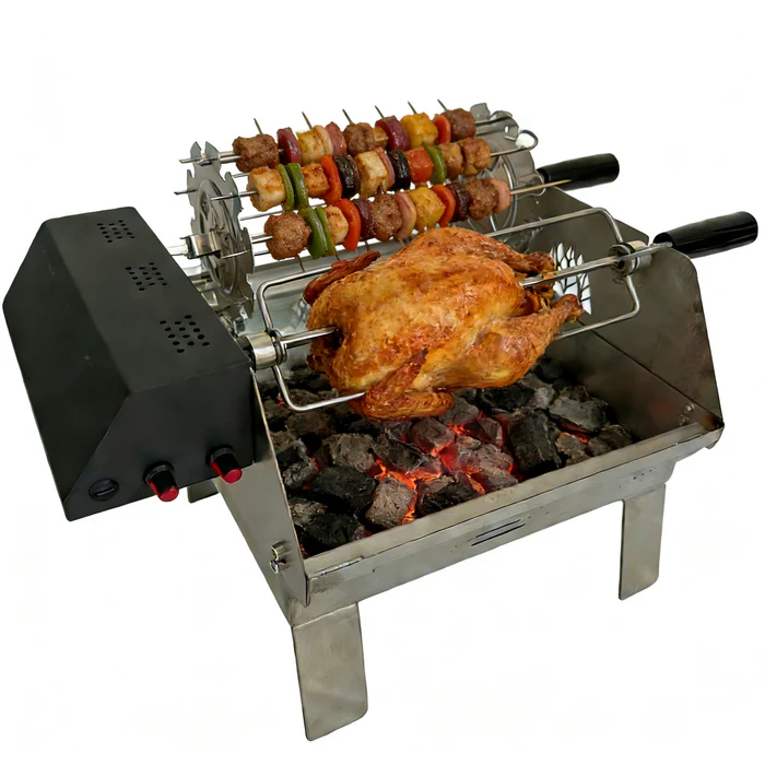 Double-Row Electric Rotating Grill, 360° Automatic Rotisserie BBQ Grill with Even Heating for Outdoor Cooking, Backyard & Camping