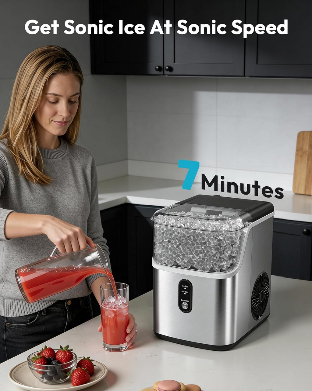 Nugget Ice Maker Countertop, Ready in 7 Mins, 34Lbs/24H Pebble Ice Machine, Self-Cleaning with Ice Scoop & Basket