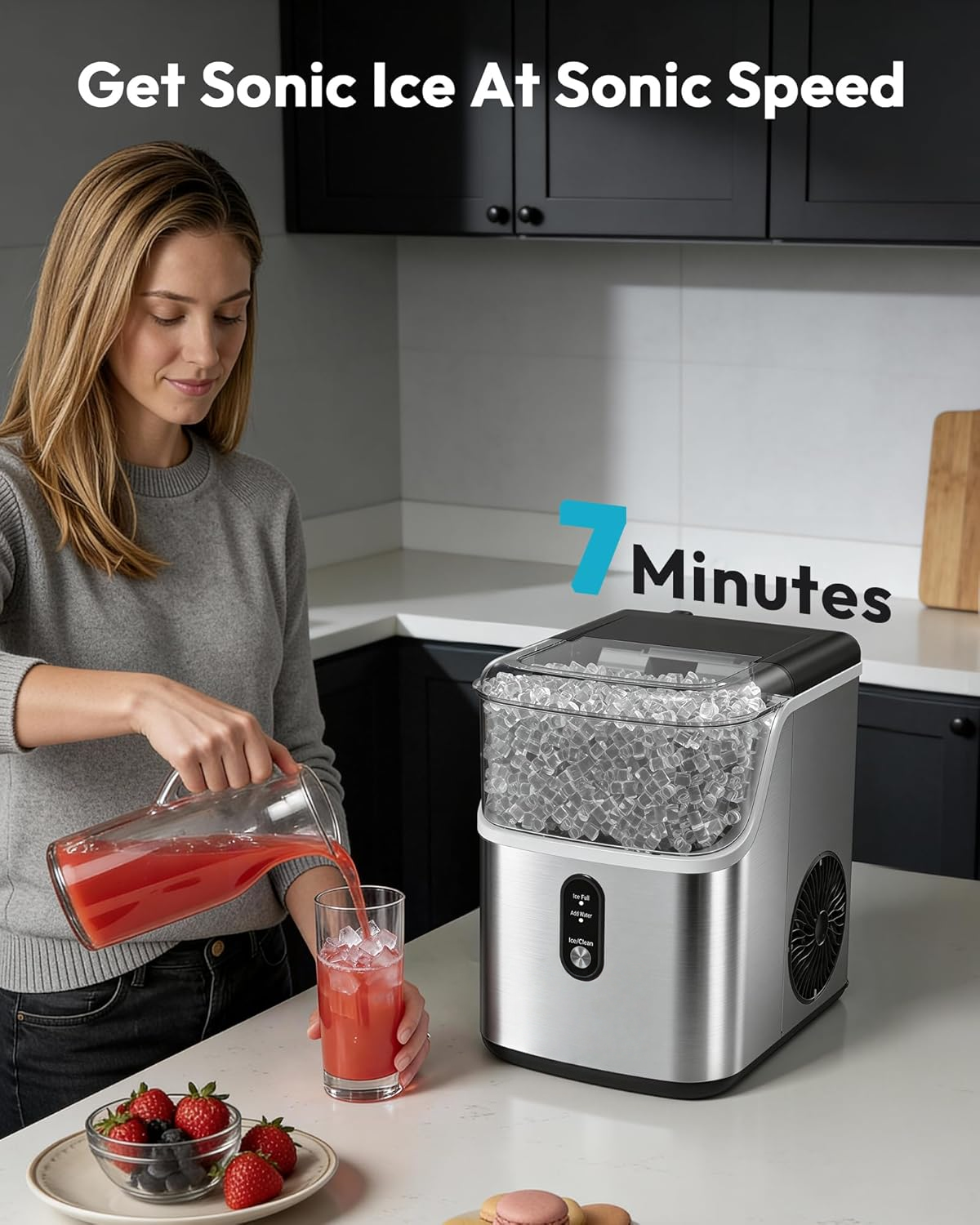 Nugget Ice Maker Countertop, Ready in 7 Mins, 34Lbs/24H Pebble Ice Machine, Self-Cleaning with Ice Scoop & Basket