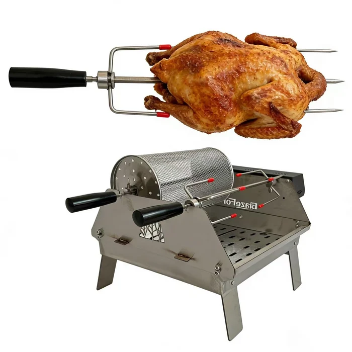 Double-Row Electric Rotating Grill, 360° Automatic Rotisserie BBQ Grill with Even Heating for Outdoor Cooking, Backyard & Camping