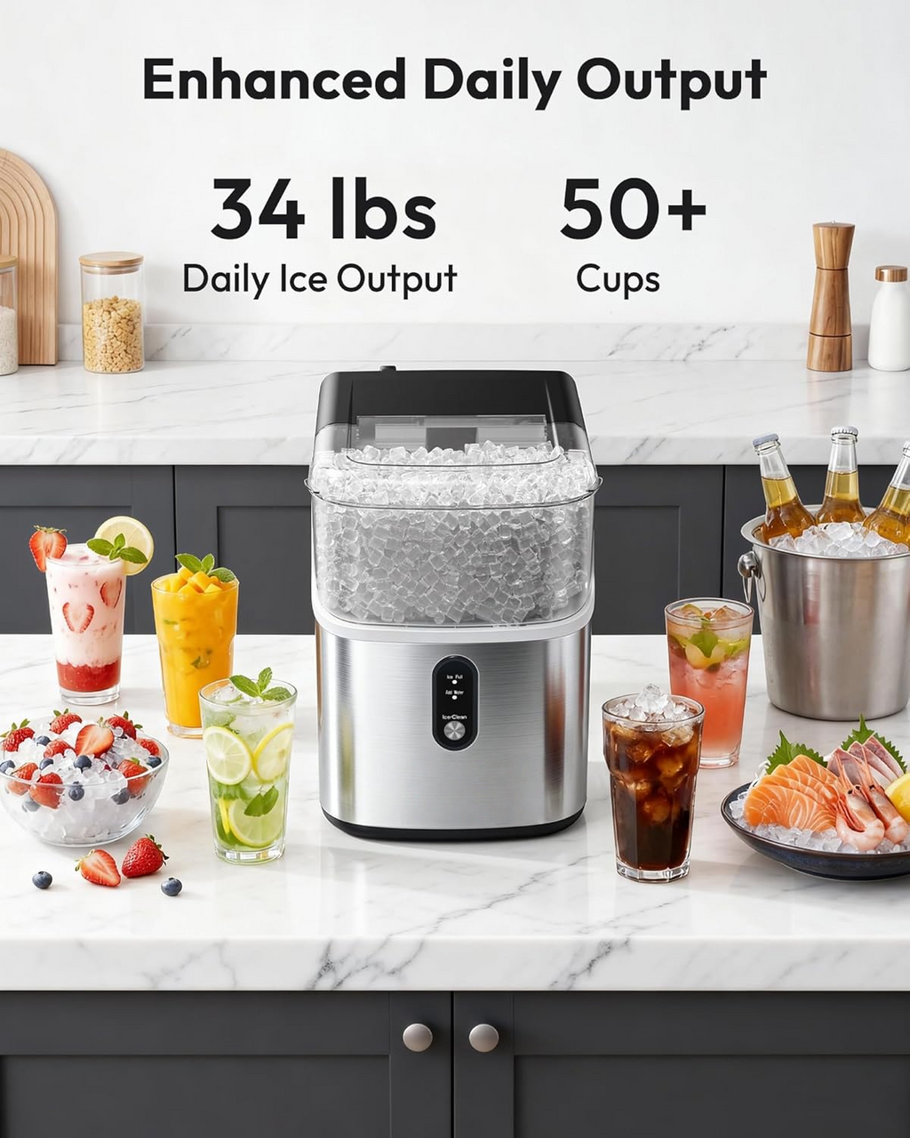 Nugget Ice Maker Countertop, Ready in 7 Mins, 34Lbs/24H Pebble Ice Machine, Self-Cleaning with Ice Scoop & Basket