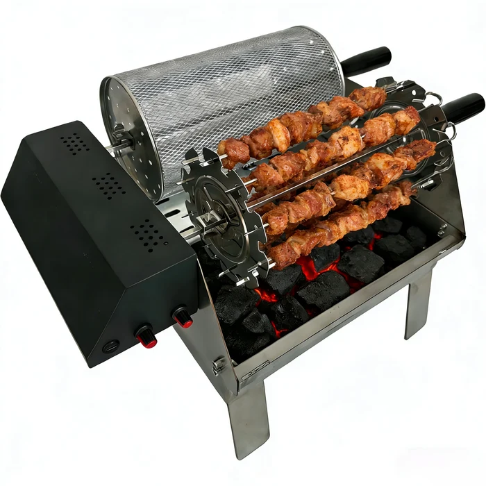 Double-Row Electric Rotating Grill, 360° Automatic Rotisserie BBQ Grill with Even Heating for Outdoor Cooking, Backyard & Camping
