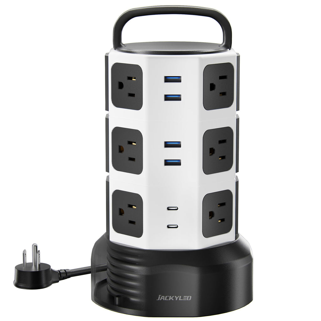 JACKYLED Power Strip Tower Surge Protector, 12 AC 6 USB (2 USB C), 1050J