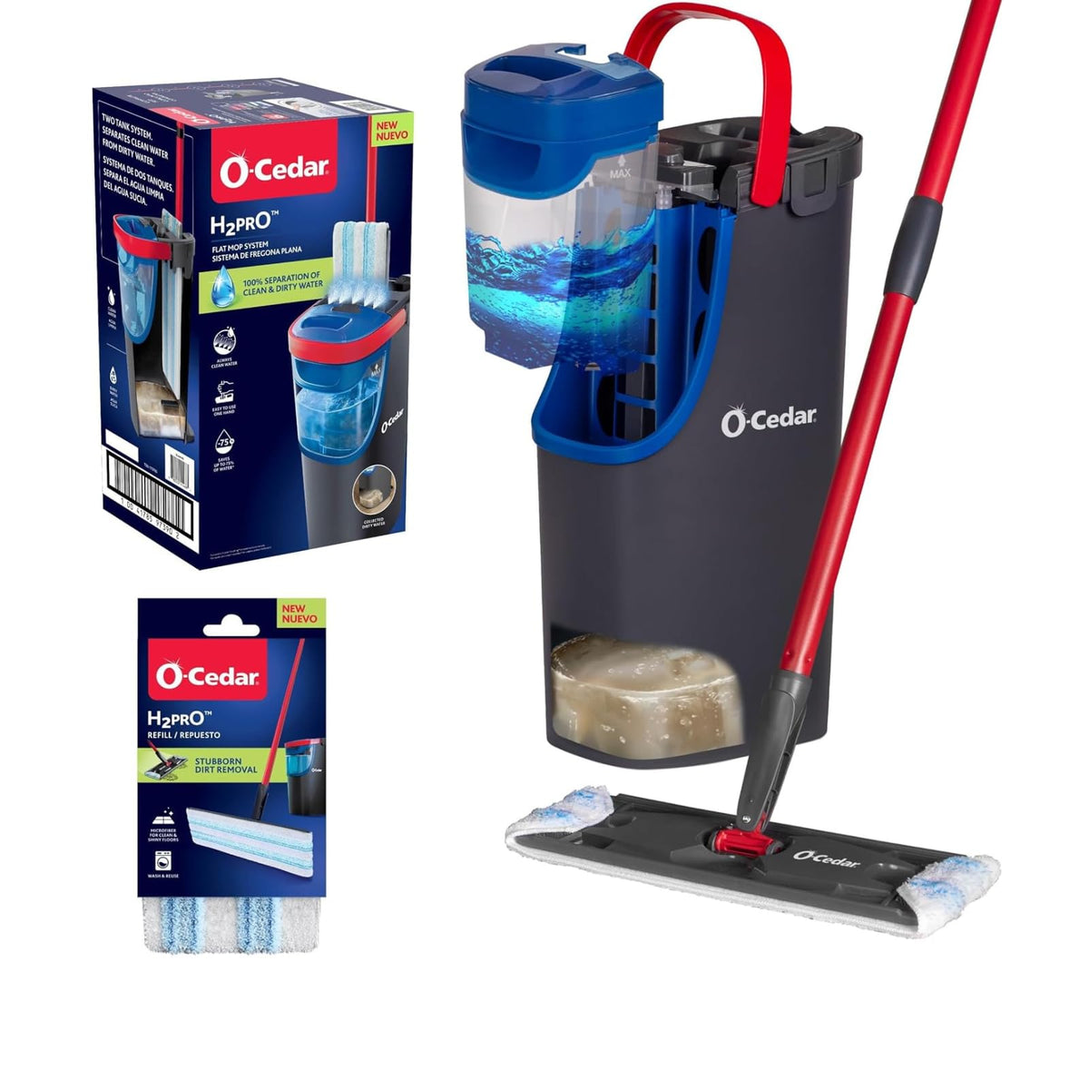 O-Cedar H2prO Flat Mop System | Quick Everyday Cleaning | Dual-Tank Fresh Water System | Machine Washable Reusable Microfiber Mop Pad | Safe on Hardwood, Tile & Vinyl Floors