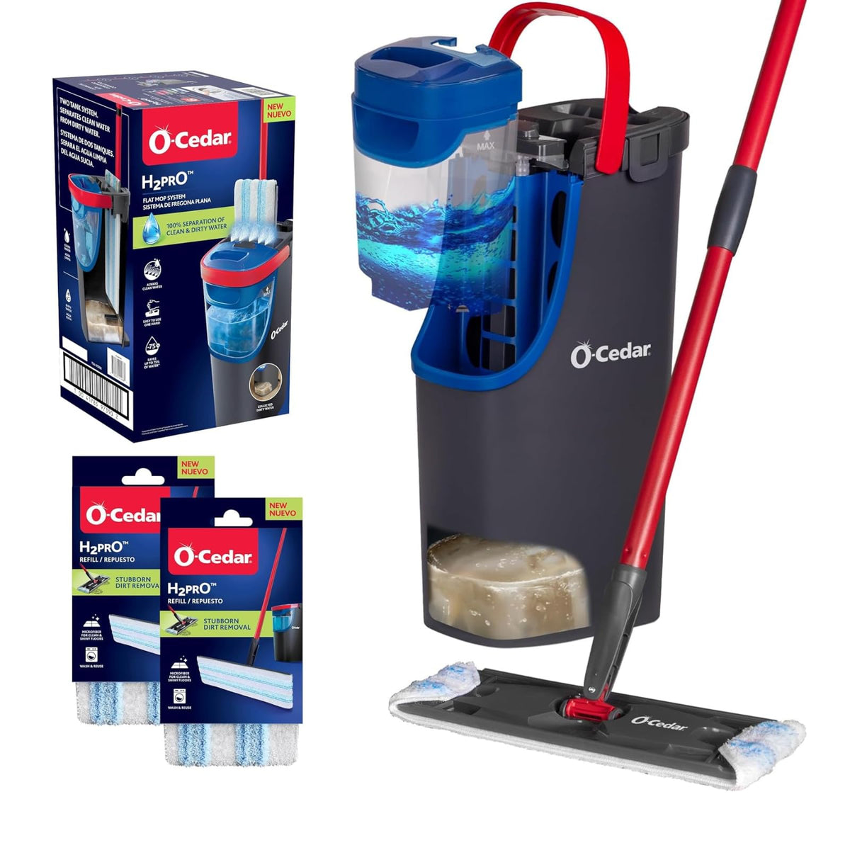O-Cedar H2prO Flat Mop System | Quick Everyday Cleaning | Dual-Tank Fresh Water System | Machine Washable Reusable Microfiber Mop Pad | Safe on Hardwood, Tile & Vinyl Floors