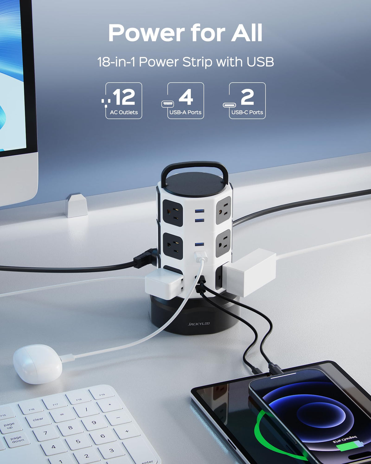 JACKYLED Power Strip Tower Surge Protector, 12 AC 6 USB (2 USB C), 1050J