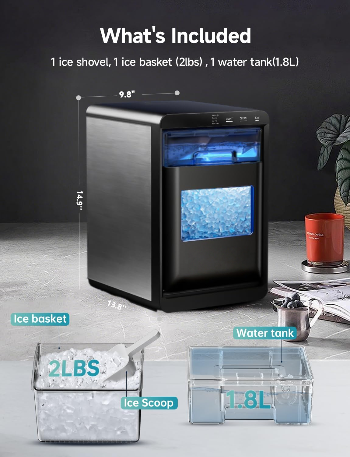 40Lbs Nugget Ice Maker Countertop, Self-Cleaning Pebble Ice Machine with Ice Scoop & Basket for Home, Kitchen & Office