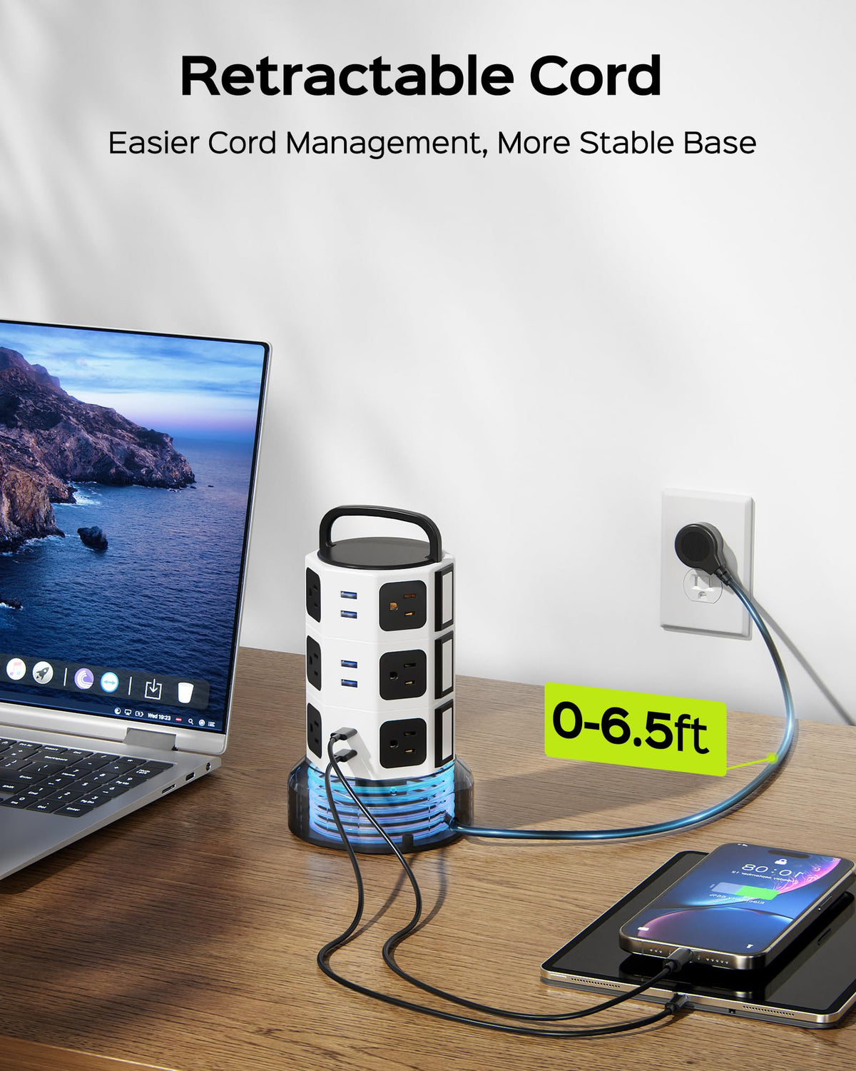 JACKYLED Power Strip Tower Surge Protector, 12 AC 6 USB (2 USB C), 1050J