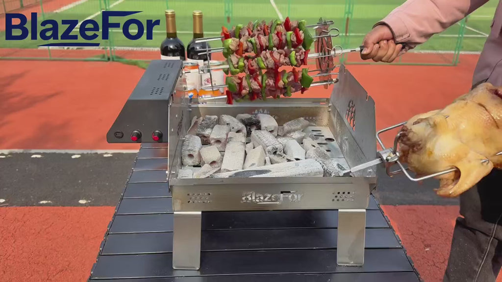 Double-Row Electric Rotating Grill, 360° Automatic Rotisserie BBQ Grill with Even Heating for Outdoor Cooking, Backyard & Camping